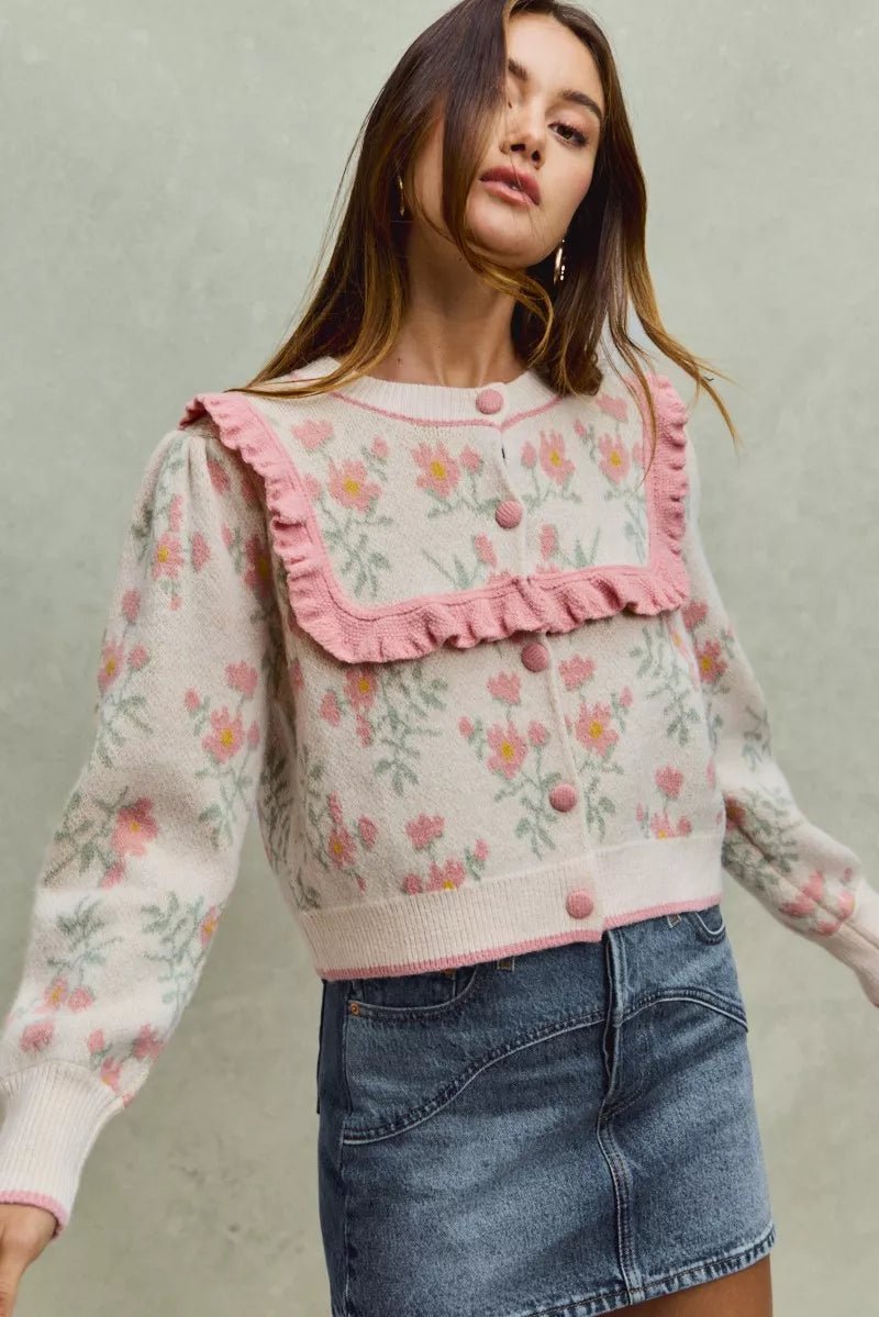 SO ME Flower With Ruffle Detailing Sweater Cardigan - Bitsy Gypsy Boutique