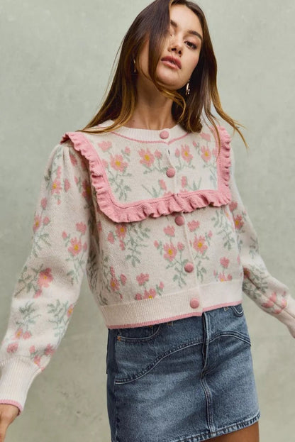 SO ME Flower With Ruffle Detailing Sweater Cardigan - Bitsy Gypsy Boutique