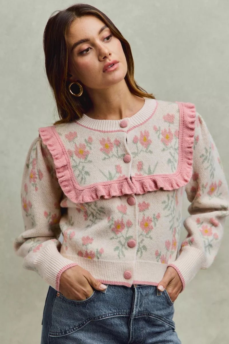 SO ME Flower With Ruffle Detailing Sweater Cardigan - Bitsy Gypsy Boutique