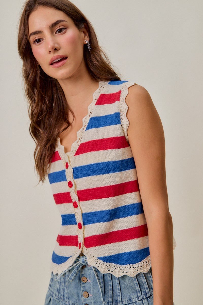 SO ME Fourth Of July Stripe Button Down Vest Top - Bitsy Gypsy Boutique