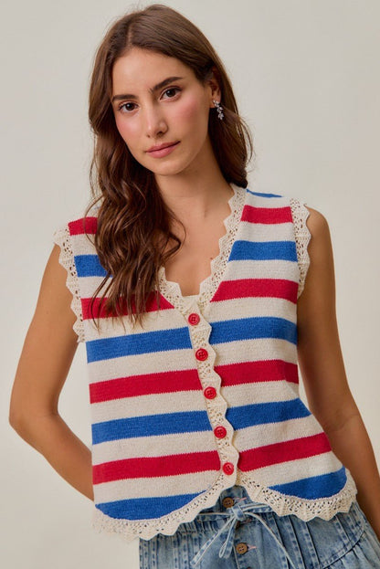 SO ME Fourth Of July Stripe Button Down Vest Top - Bitsy Gypsy Boutique
