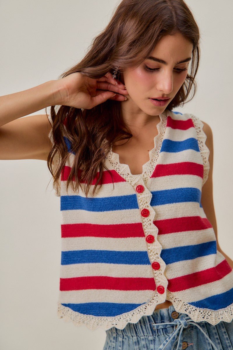 SO ME Fourth Of July Stripe Button Down Vest Top - Bitsy Gypsy Boutique