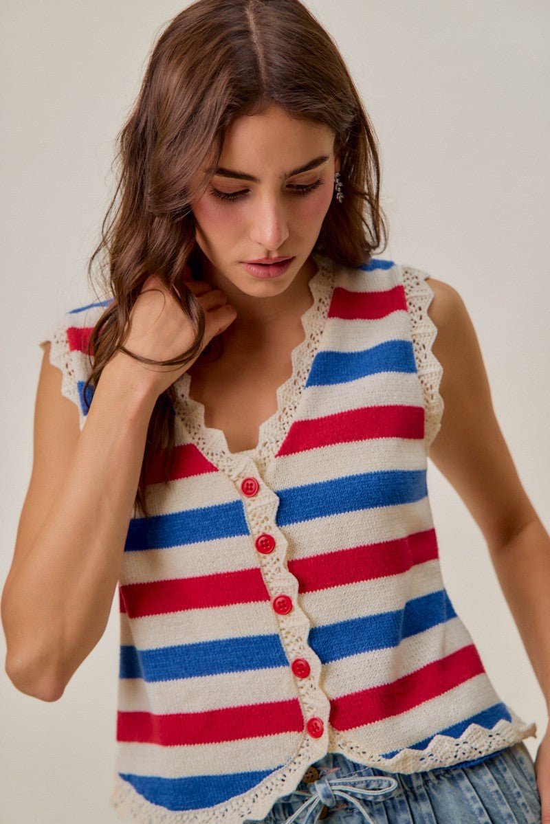 SO ME Fourth Of July Stripe Button Down Vest Top - Bitsy Gypsy Boutique