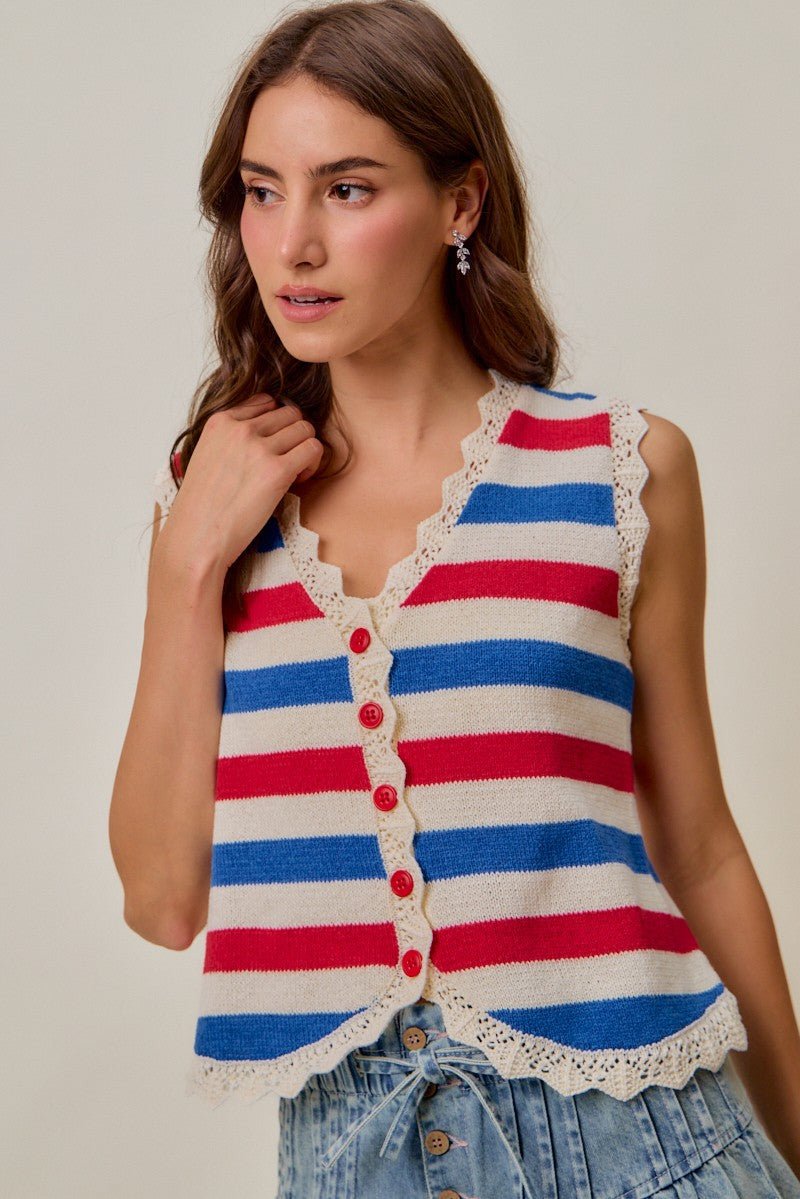 SO ME Fourth Of July Stripe Button Down Vest Top - Bitsy Gypsy Boutique