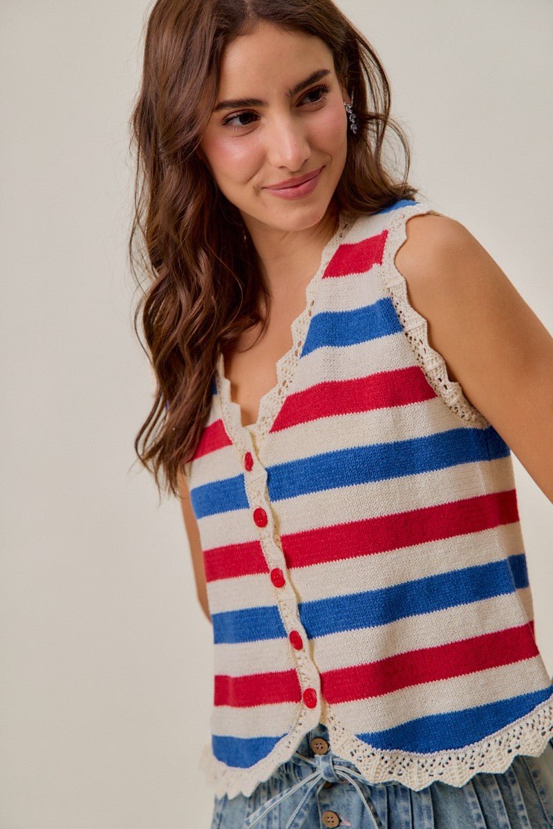 SO ME Fourth Of July Stripe Button Down Vest Top - Bitsy Gypsy Boutique