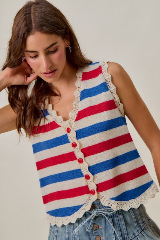 SO ME Fourth Of July Stripe Button Down Vest Top - Bitsy Gypsy Boutique