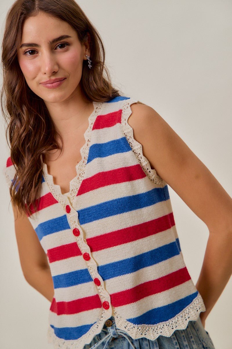 SO ME Fourth Of July Stripe Button Down Vest Top - Bitsy Gypsy Boutique
