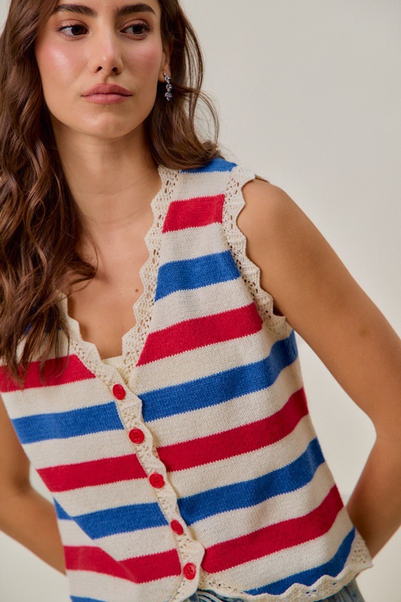 SO ME Fourth Of July Stripe Button Down Vest Top - Bitsy Gypsy Boutique
