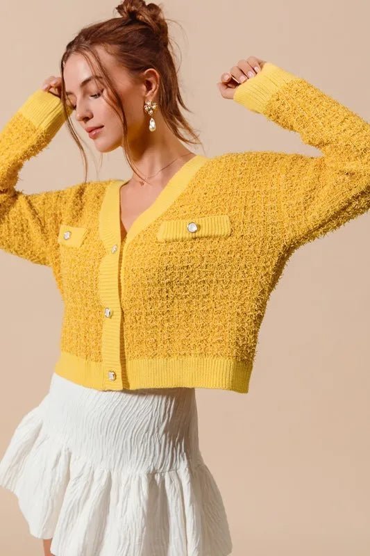 SO ME Frayed Tweed Knit Buttoned Front Cardigan - Bitsy Gypsy Boutique