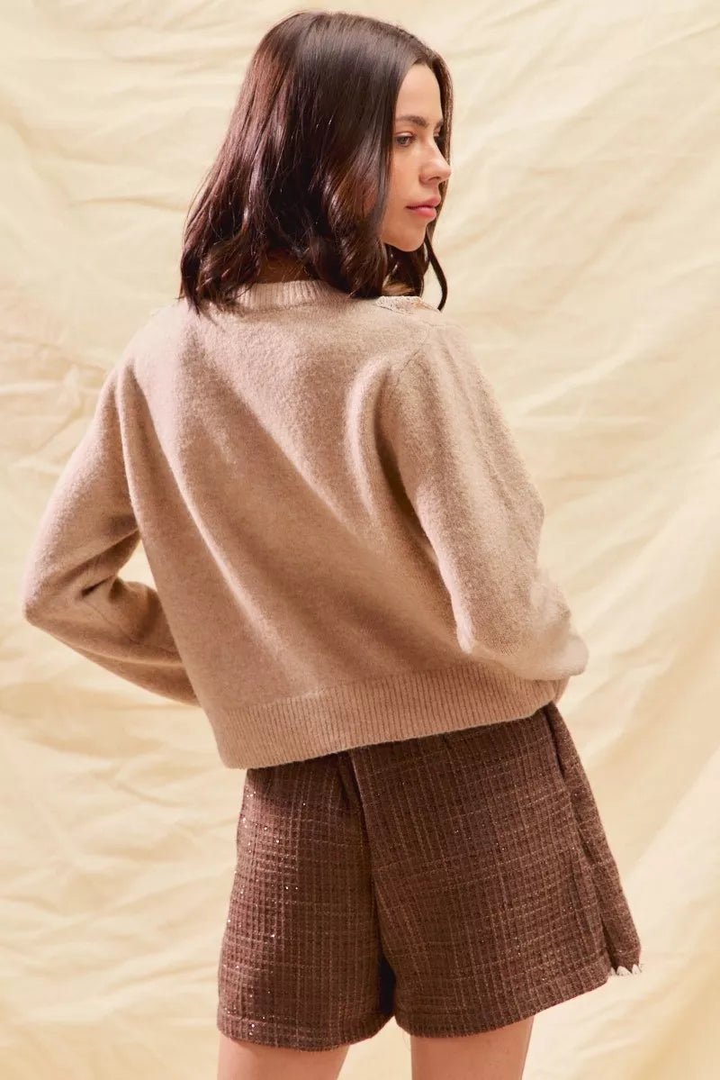 SO ME Front Lace Trim Button Cardigan Sweater - Bitsy Gypsy Boutique