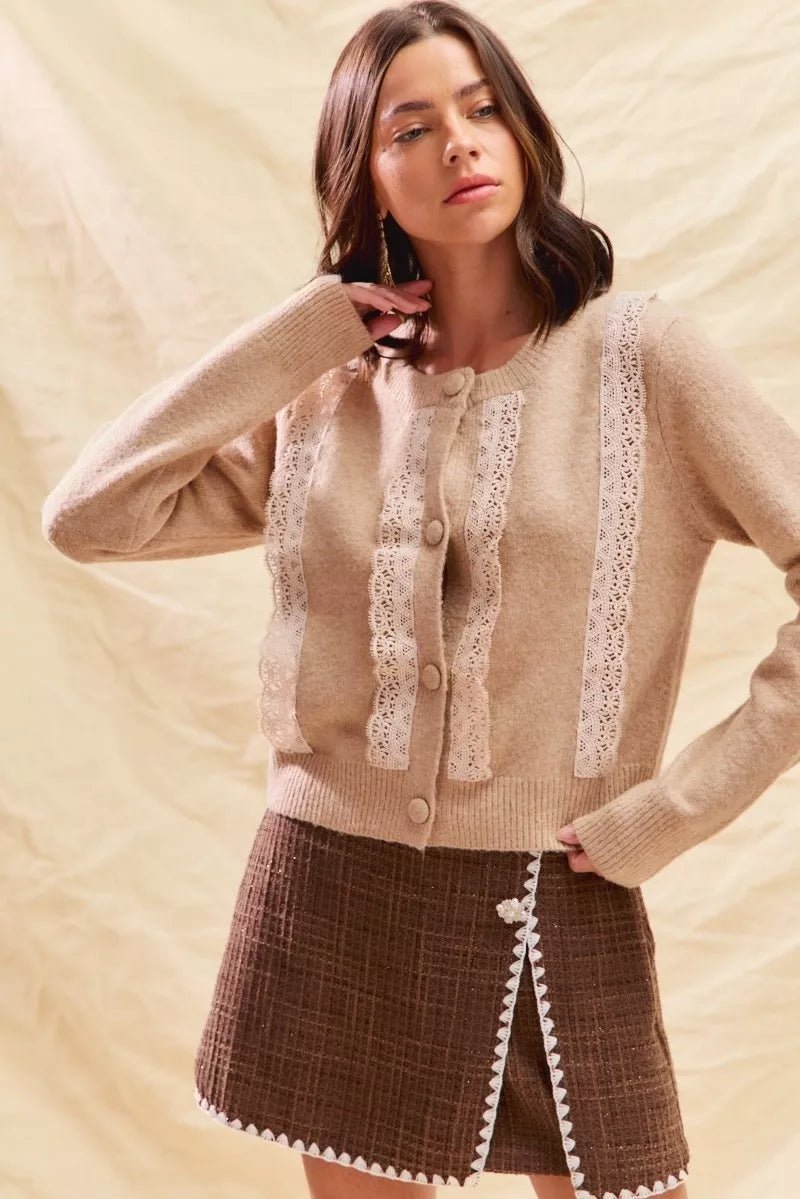SO ME Front Lace Trim Button Cardigan Sweater - Bitsy Gypsy Boutique
