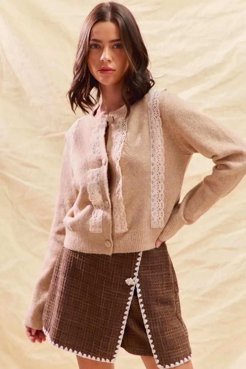 SO ME Front Lace Trim Button Cardigan Sweater - Bitsy Gypsy Boutique