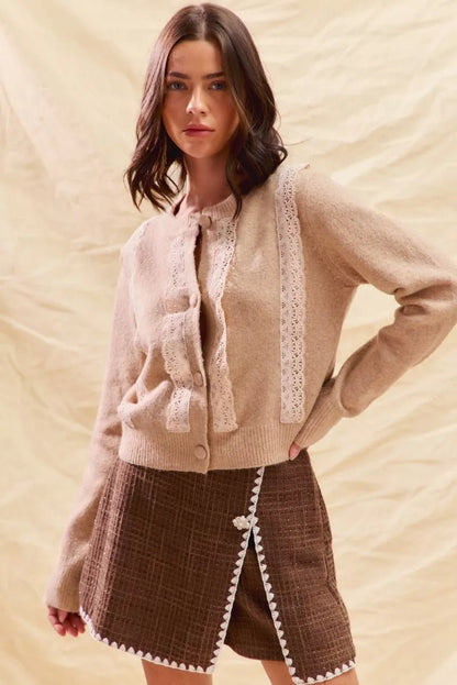 SO ME Front Lace Trim Button Cardigan Sweater - Bitsy Gypsy Boutique
