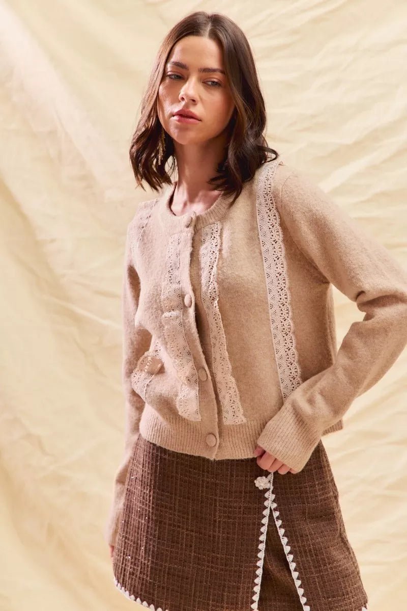SO ME Front Lace Trim Button Cardigan Sweater - Bitsy Gypsy Boutique