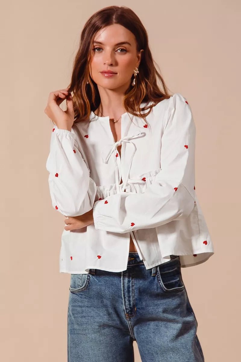 SO ME Front Tie Heart Embroidered Blouse With Puff Sleeve - Bitsy Gypsy Boutique