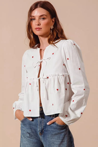 SO ME Front Tie Heart Embroidered Blouse With Puff Sleeve - Bitsy Gypsy Boutique