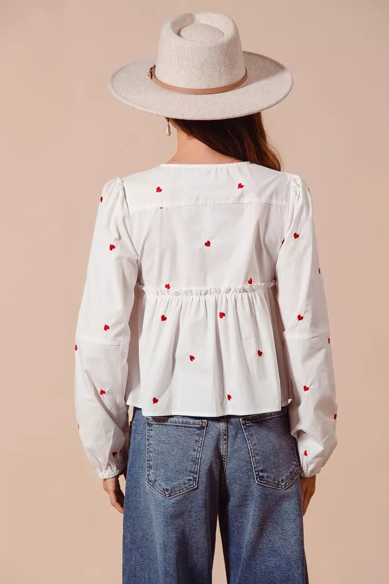 SO ME Front Tie Heart Embroidered Blouse With Puff Sleeve - Bitsy Gypsy Boutique