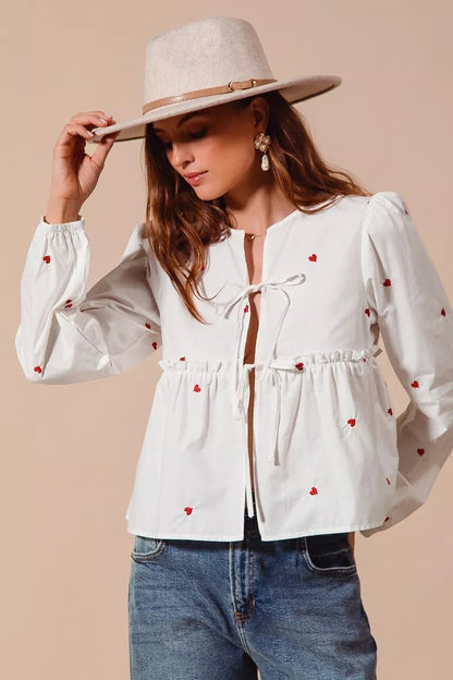 SO ME Front Tie Heart Embroidered Blouse With Puff Sleeve - Bitsy Gypsy Boutique