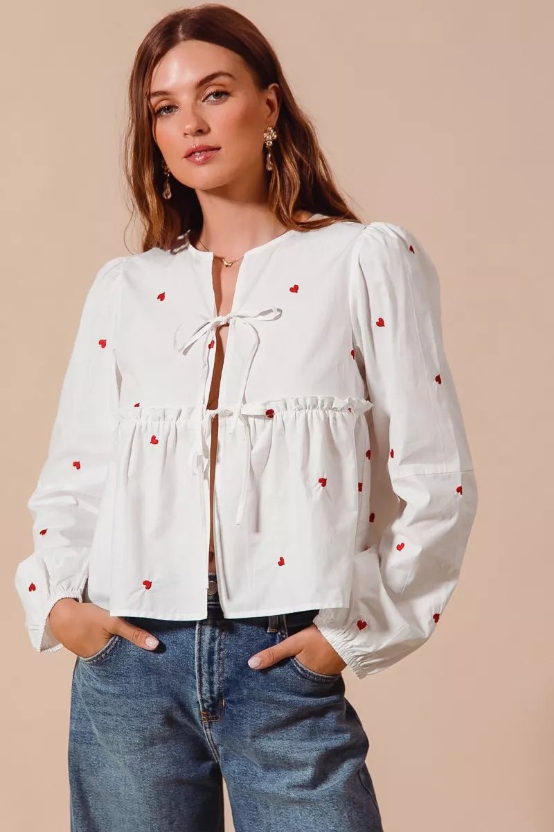 SO ME Front Tie Heart Embroidered Blouse With Puff Sleeve - Bitsy Gypsy Boutique
