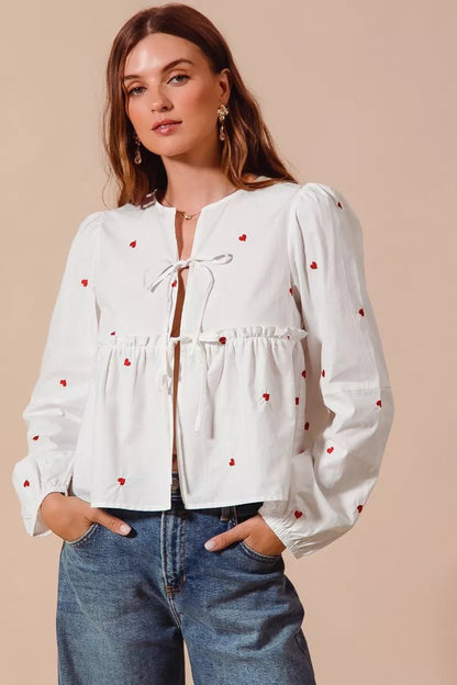 SO ME Front Tie Heart Embroidered Blouse With Puff Sleeve - Bitsy Gypsy Boutique
