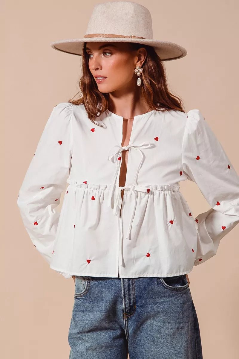 SO ME Front Tie Heart Embroidered Blouse With Puff Sleeve - Bitsy Gypsy Boutique