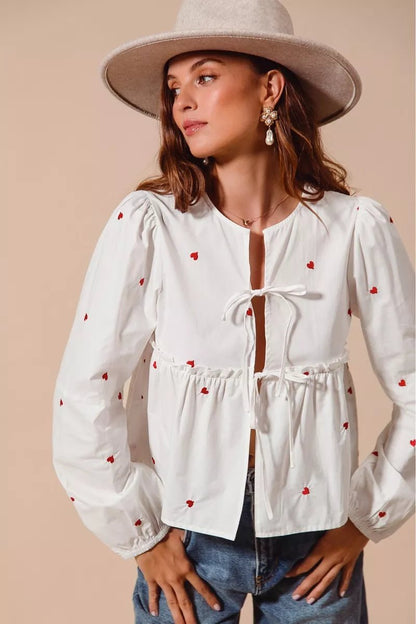 SO ME Front Tie Heart Embroidered Blouse With Puff Sleeve - Bitsy Gypsy Boutique