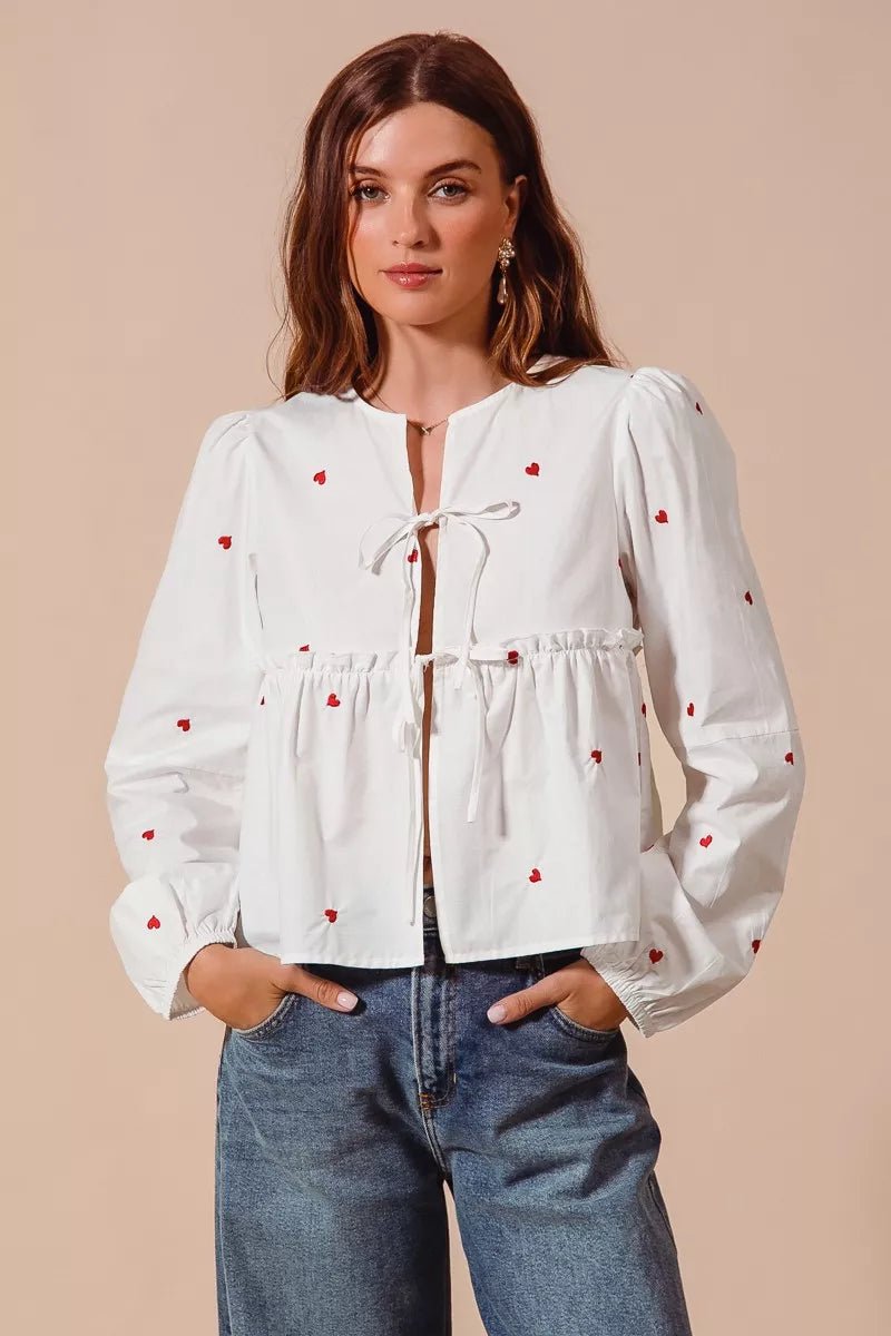SO ME Front Tie Heart Embroidered Blouse With Puff Sleeve - Bitsy Gypsy Boutique