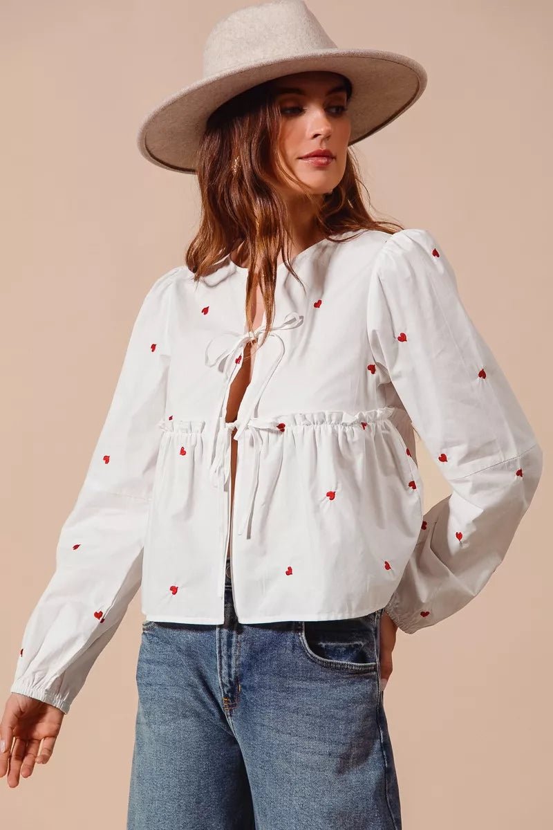 SO ME Front Tie Heart Embroidered Blouse With Puff Sleeve - Bitsy Gypsy Boutique