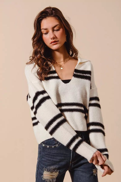 SO ME Fuzzy Hairy Stripe Deep U Neck Sweater - Bitsy Gypsy Boutique