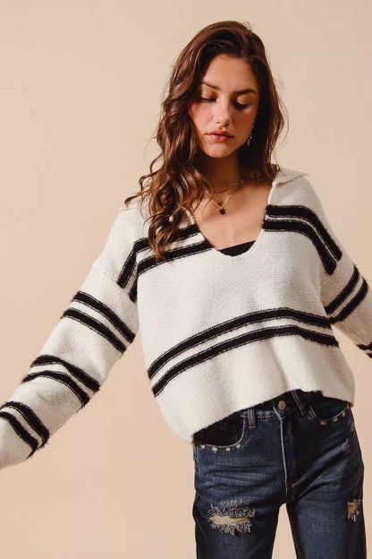 SO ME Fuzzy Hairy Stripe Deep U Neck Sweater - Bitsy Gypsy Boutique