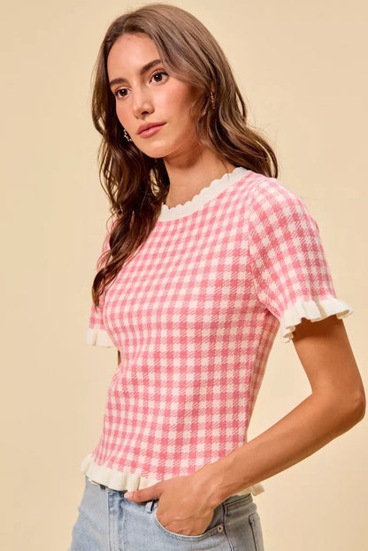 SO ME Gingham Knit Ruffled Short Sleeves Sweater Top - Bitsy Gypsy Boutique