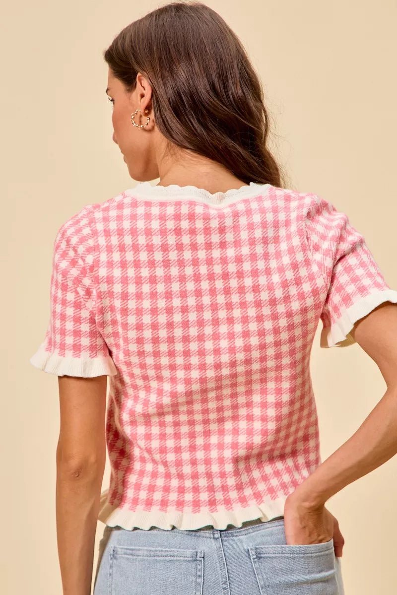 SO ME Gingham Knit Ruffled Short Sleeves Sweater Top - Bitsy Gypsy Boutique