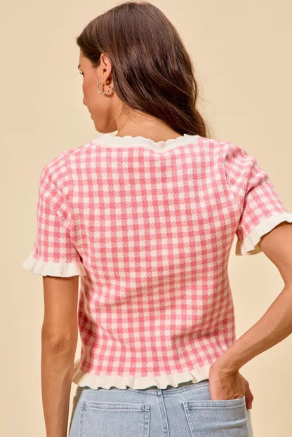 SO ME Gingham Knit Ruffled Short Sleeves Sweater Top - Bitsy Gypsy Boutique