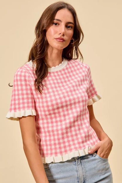 SO ME Gingham Knit Ruffled Short Sleeves Sweater Top - Bitsy Gypsy Boutique