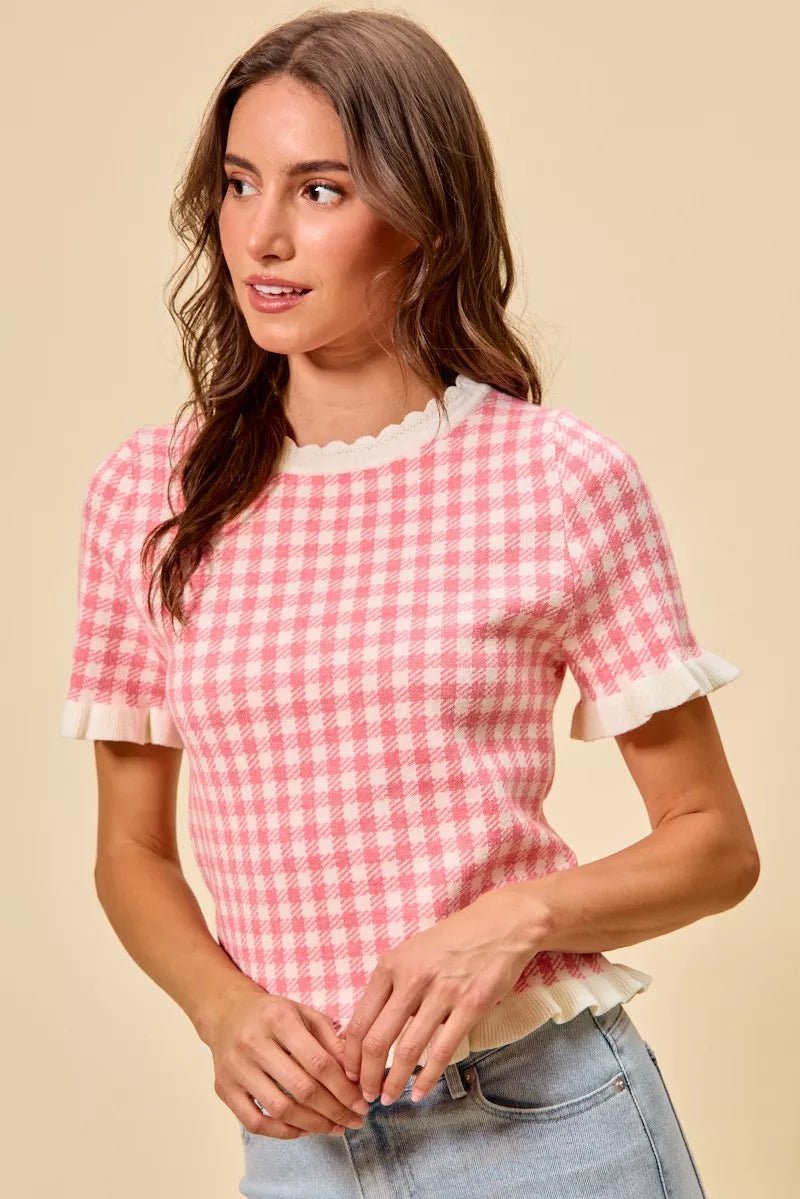 SO ME Gingham Knit Ruffled Short Sleeves Sweater Top - Bitsy Gypsy Boutique