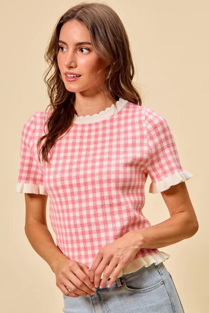 SO ME Gingham Knit Ruffled Short Sleeves Sweater Top - Bitsy Gypsy Boutique