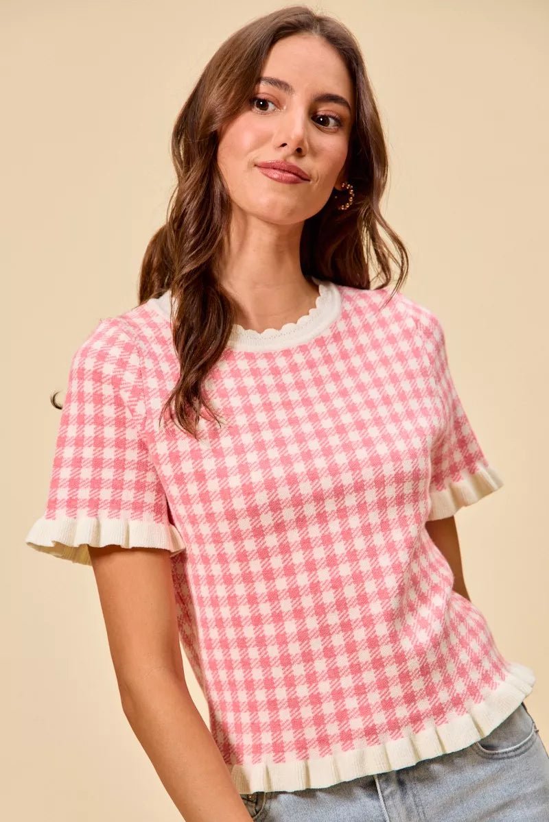 SO ME Gingham Knit Ruffled Short Sleeves Sweater Top - Bitsy Gypsy Boutique