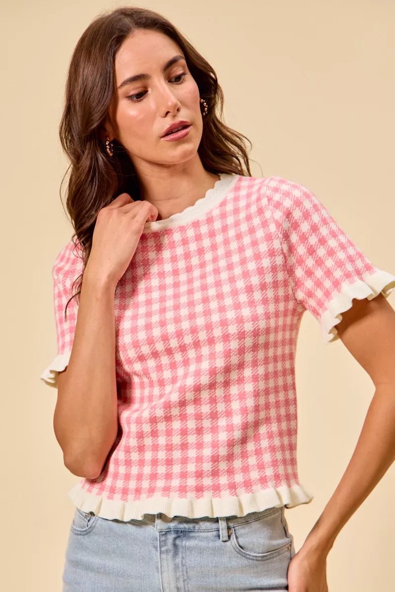 SO ME Gingham Knit Ruffled Short Sleeves Sweater Top - Bitsy Gypsy Boutique