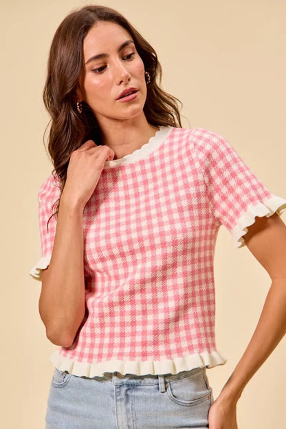 SO ME Gingham Knit Ruffled Short Sleeves Sweater Top - Bitsy Gypsy Boutique