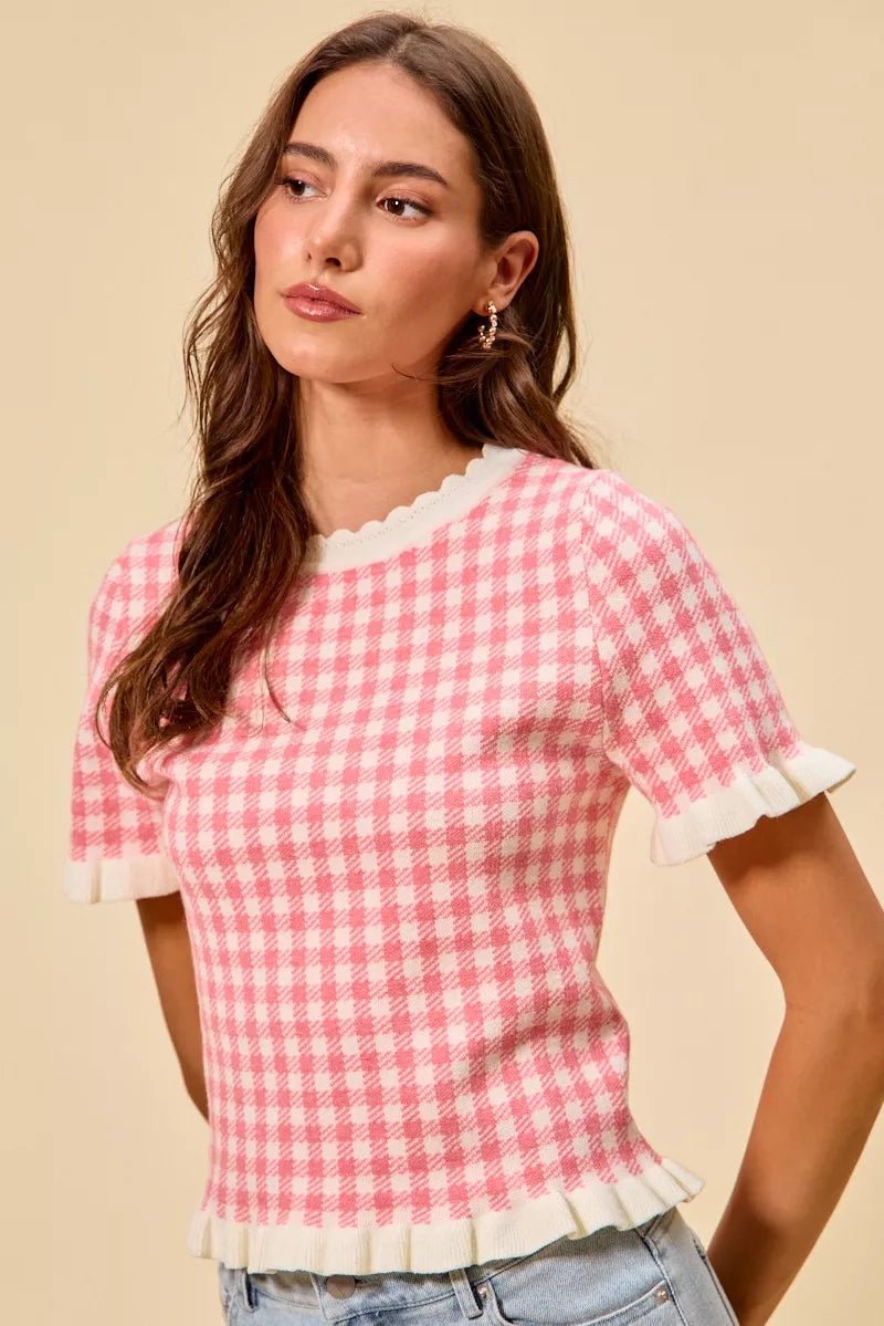 SO ME Gingham Knit Ruffled Short Sleeves Sweater Top - Bitsy Gypsy Boutique