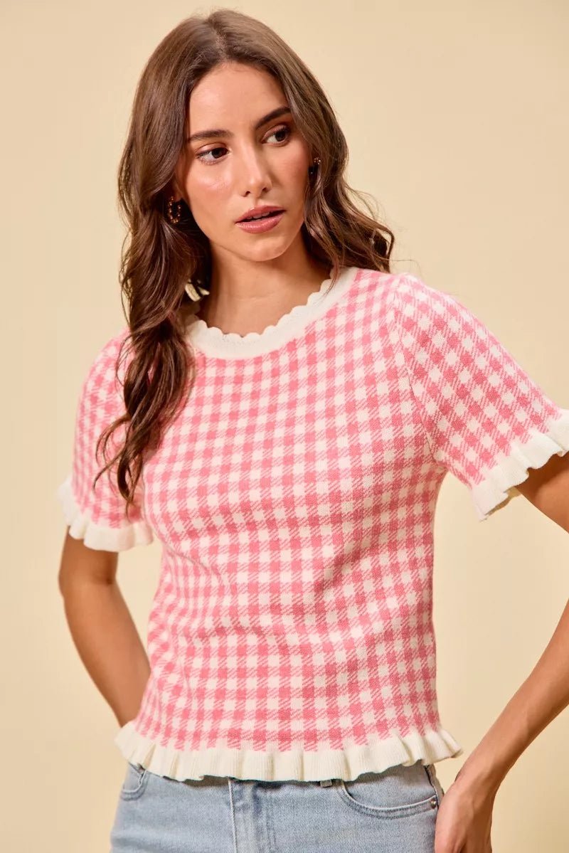 SO ME Gingham Knit Ruffled Short Sleeves Sweater Top - Bitsy Gypsy Boutique