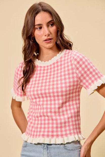 SO ME Gingham Knit Ruffled Short Sleeves Sweater Top - Bitsy Gypsy Boutique
