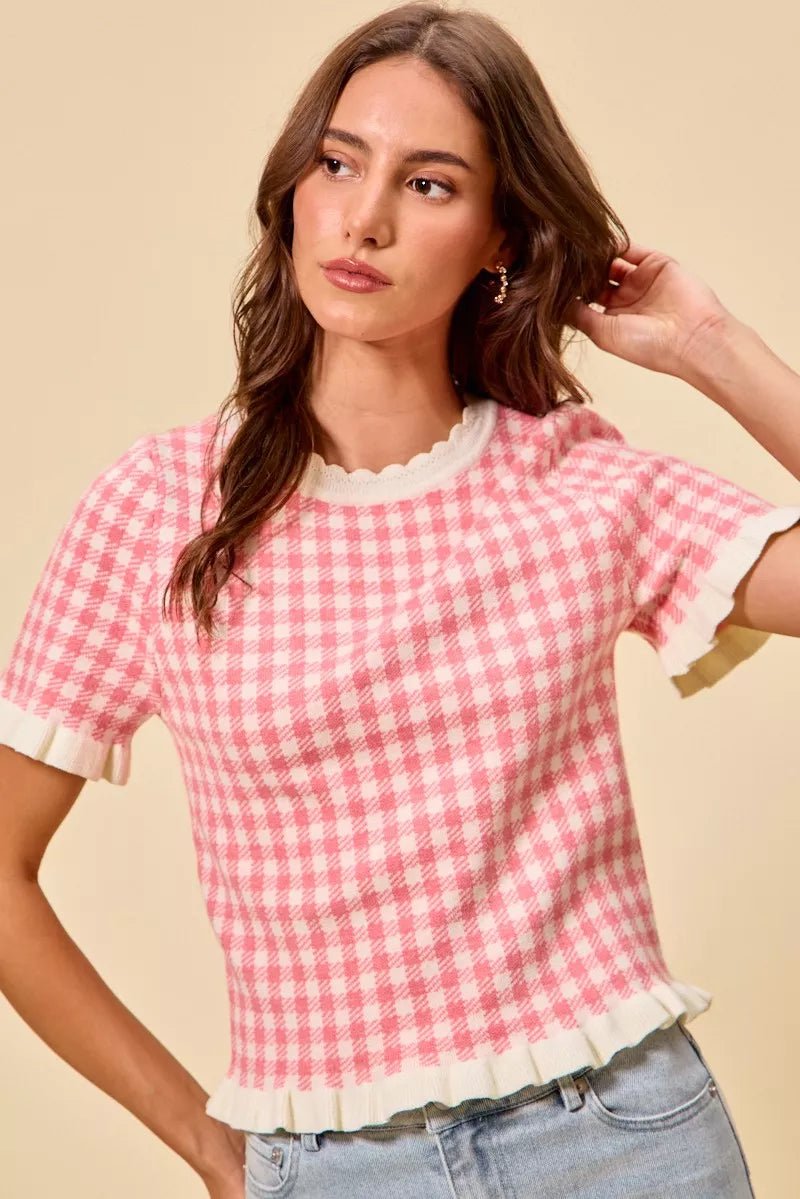 SO ME Gingham Knit Ruffled Short Sleeves Sweater Top - Bitsy Gypsy Boutique