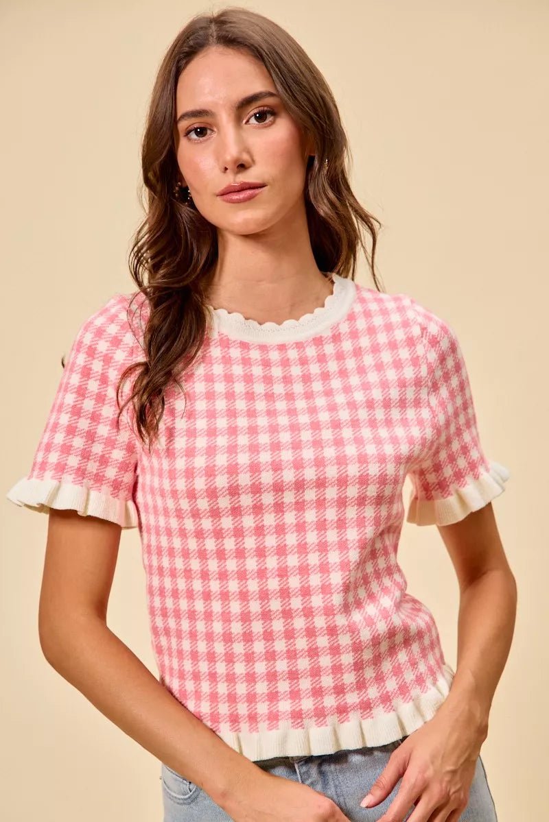 SO ME Gingham Knit Ruffled Short Sleeves Sweater Top - Bitsy Gypsy Boutique
