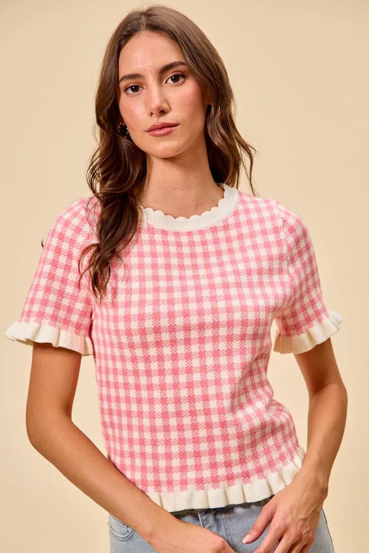 SO ME Gingham Knit Ruffled Short Sleeves Sweater Top - Bitsy Gypsy Boutique