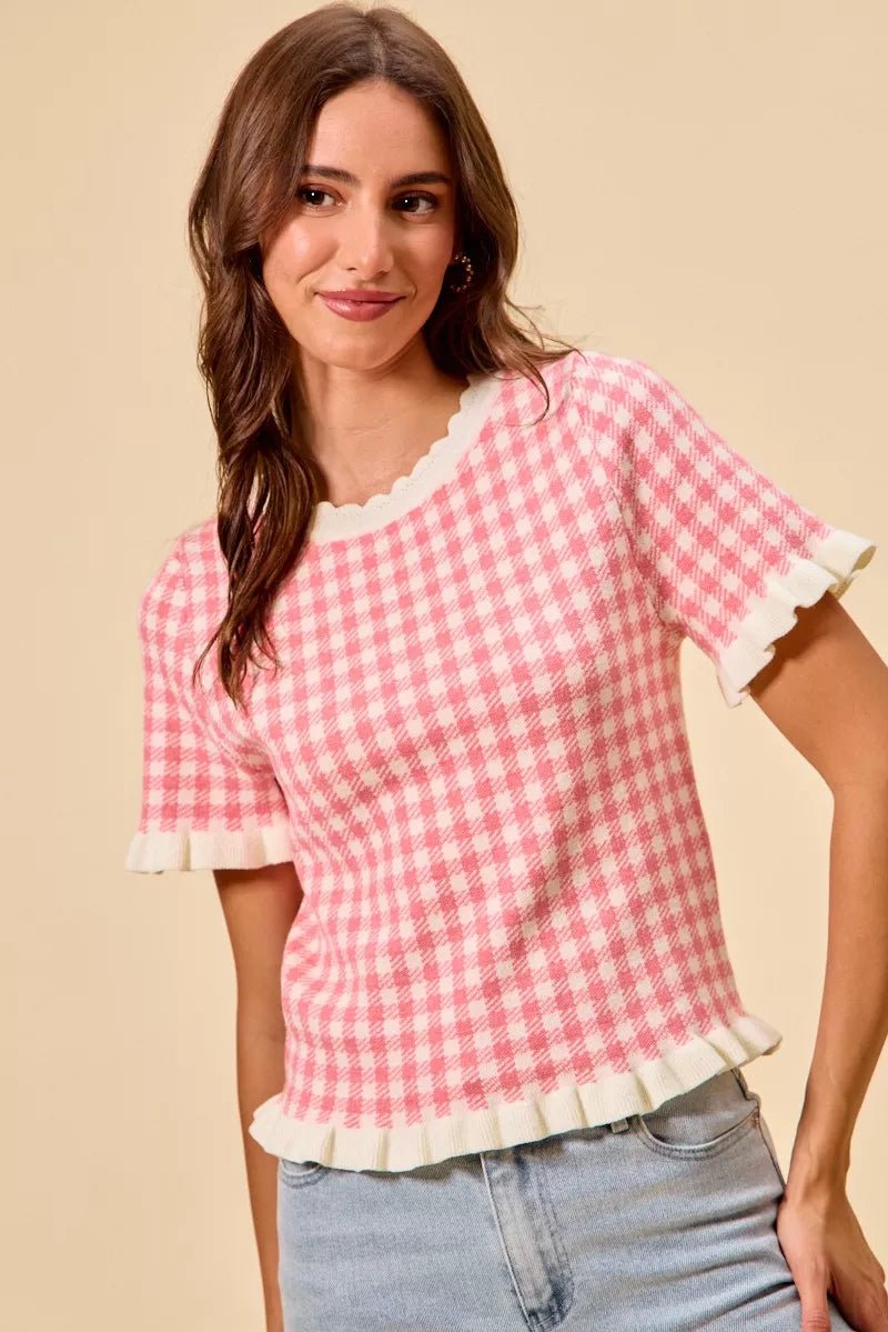 SO ME Gingham Knit Ruffled Short Sleeves Sweater Top - Bitsy Gypsy Boutique