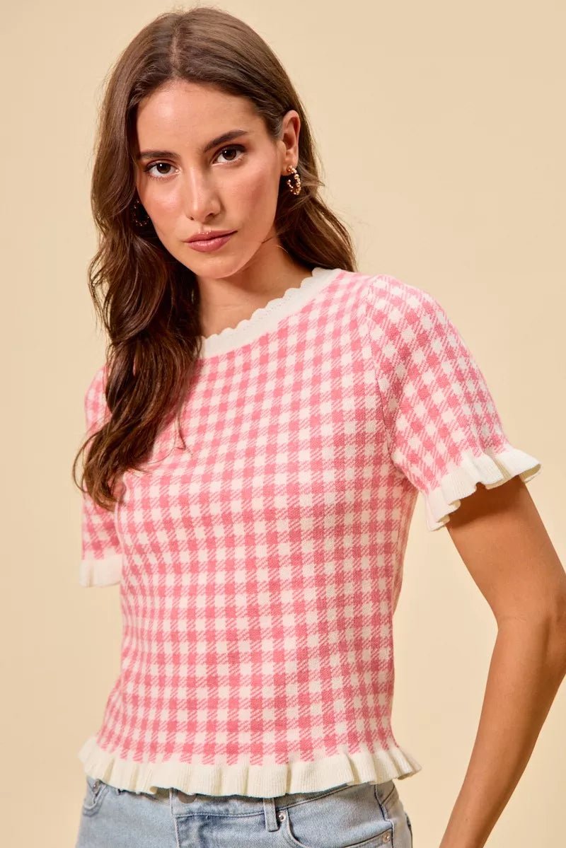 SO ME Gingham Knit Ruffled Short Sleeves Sweater Top - Bitsy Gypsy Boutique