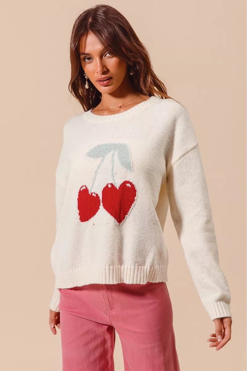 SO ME Heart Cherry Knitted Valentine Sweater Top - Bitsy Gypsy Boutique