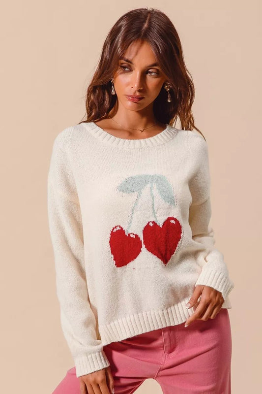 SO ME Heart Cherry Knitted Valentine Sweater Top - Bitsy Gypsy Boutique