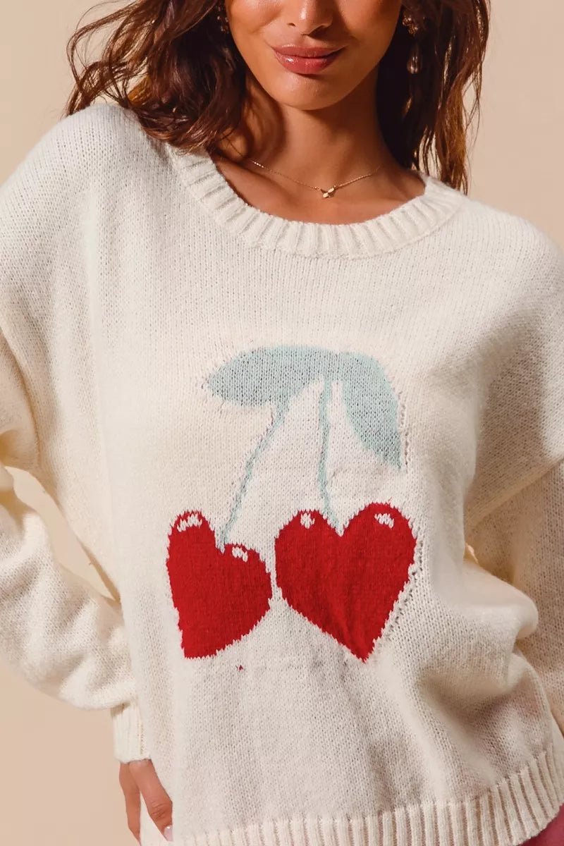SO ME Heart Cherry Knitted Valentine Sweater Top - Bitsy Gypsy Boutique